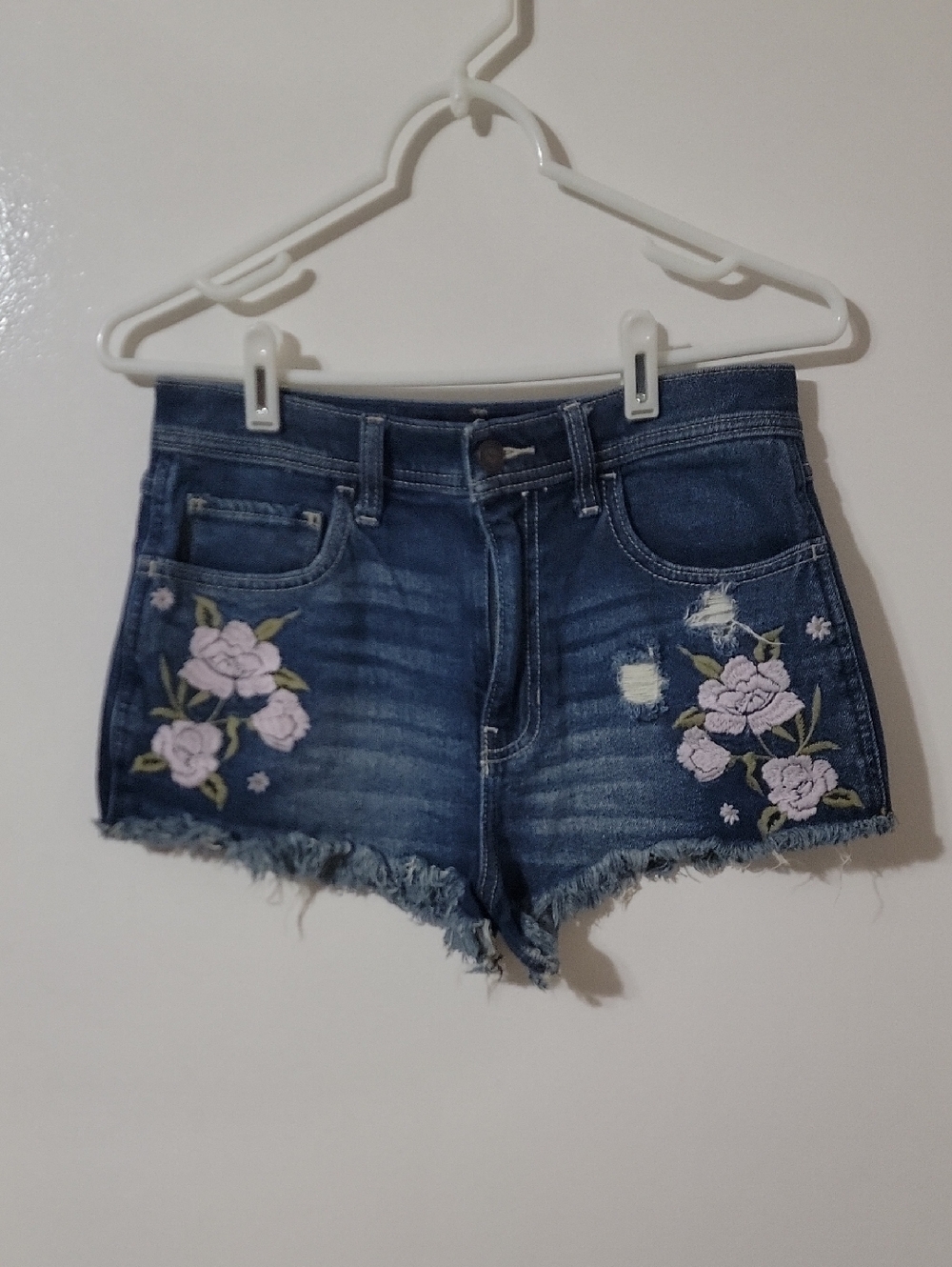 Hollister Blue Denim Shorts with Light Pink Floral Embroidery